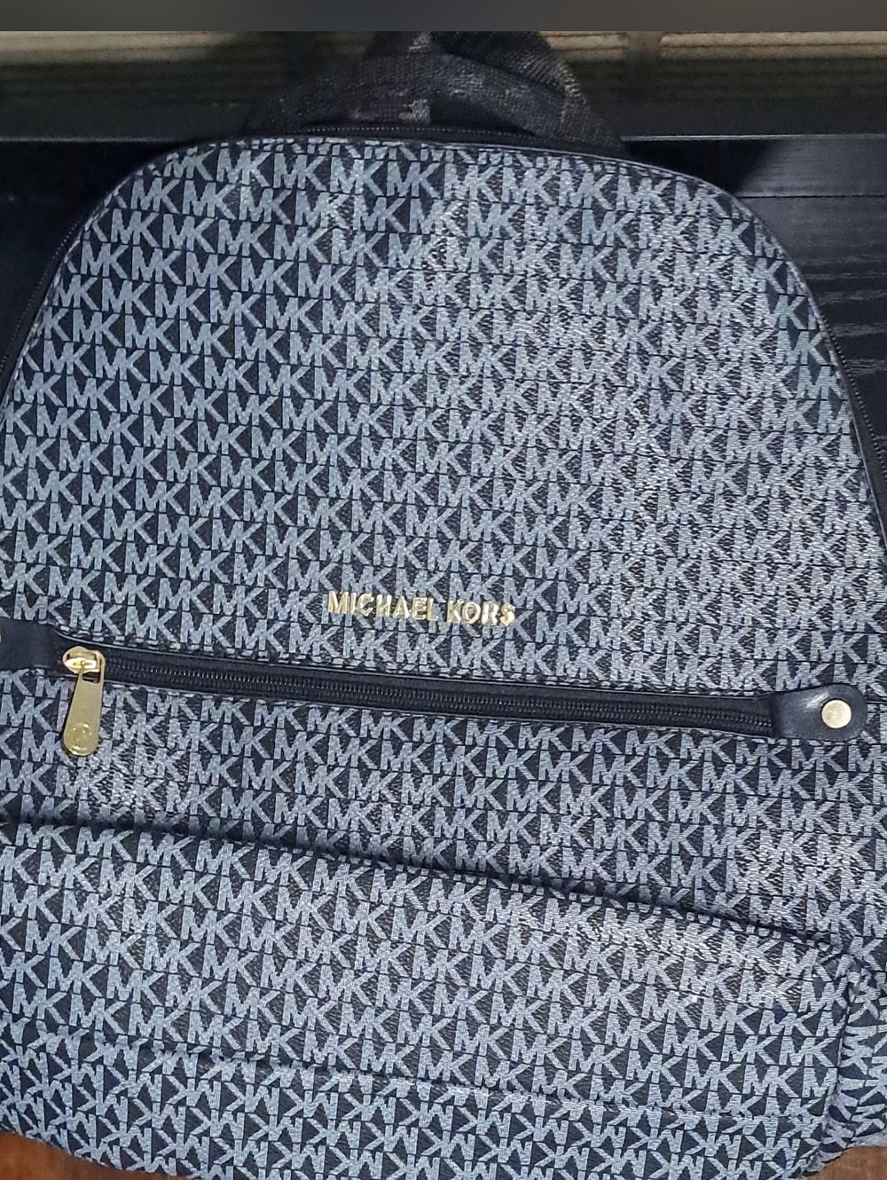 Michael Kors Womens Black and Gray MK Logo Backpack with Gold Accents